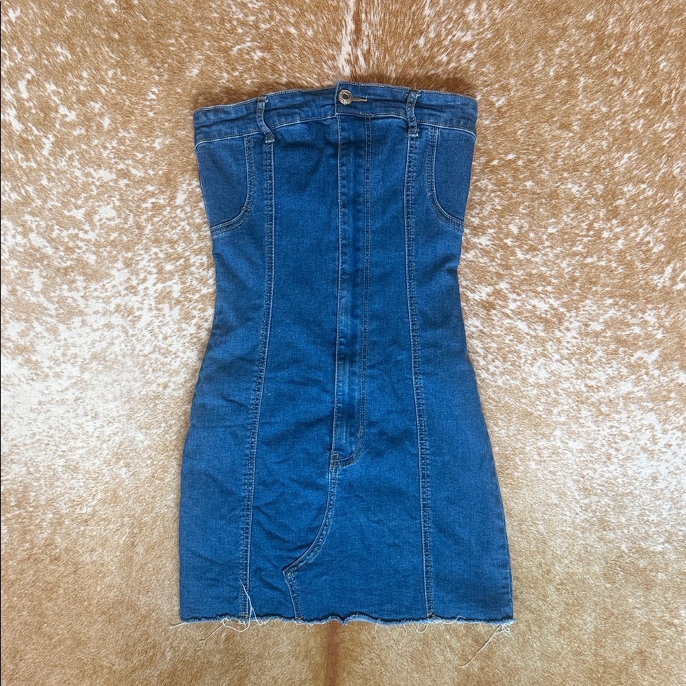 Edikted Blue Denim Strapless Dress Size small